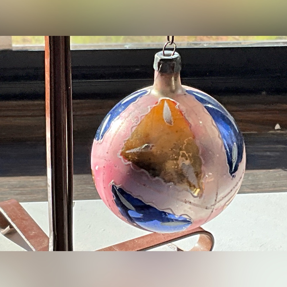 Vintage Mercury(?) Glass Christmas Ornament Hand Painted Blue and Pink